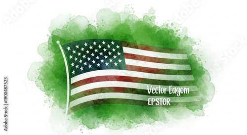 American flag waving on green watercolor background patriotic symbol