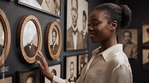 Young Black Woman Looking at Historical Portraits in a Museum Gallery