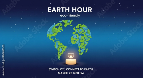 Earth hour eco friendly illustration with globe and candle in heart shape at night