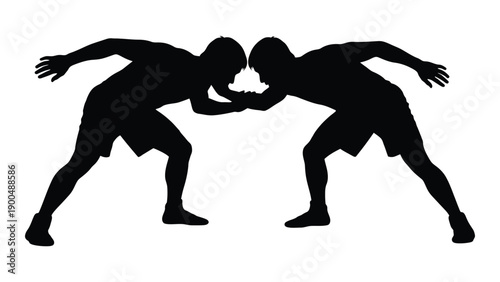 Two wrestlers engaged in a close grapple during a competitive match Vector