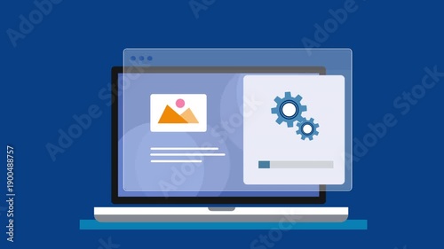 Flat vector illustration of a laptop showing a content preview panel and settings gear, representing content management system, website administration, and digital workflow on a blue background.
