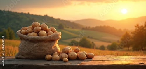 Rustic sack brimful with fresh potatoes rests on old wooden table. Golden sunset light illuminates rolling hills farm landscape. Harvested tubers ready for market or kitchen prep.