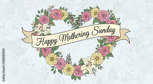 Heart shaped floral wreath with happy mothering sunday banner on light background