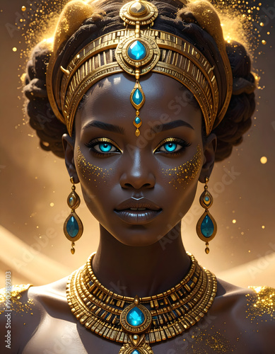 Egyptian Queen with Turquoise Jewelry and Gold Glitter, Desert Background, Stock Media
