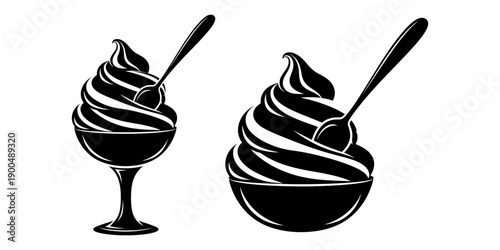 Black and white illustration of ice cream in bowls with spoons.