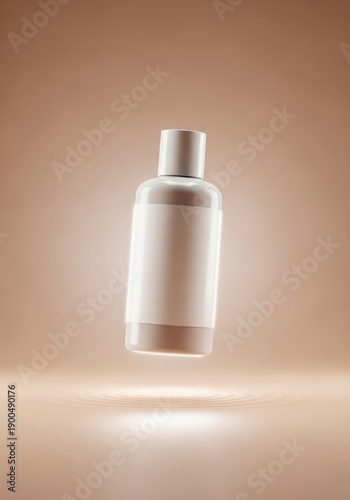 Modern floating product photography, unbranded cosmetic bottle, blank label, matching nude background
