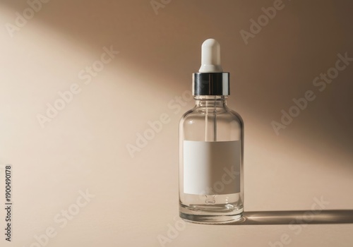 Editorial product photography, unbranded glass bottle with dropper, blank label, soft directional light creating gentle shadow, warm neutral background, minimal composition, realistic