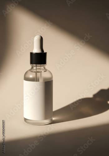 Editorial product photography, unbranded glass bottle with dropper for beauty care are isolated on a clean blue background as a liquid packaging object