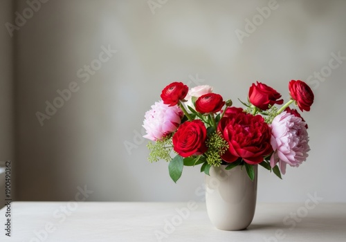 A beautiful arrangement of a red and pink rose bouquet in a glass vase makes a floral gift of natural beauty with blooming petals and green leaves for a romantic decoration