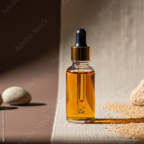 Wellness product photography, unbranded glass dropper bottle, neutral brown and sand color background, natural textures, soft shadow