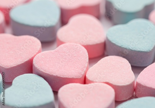A colorful closeup of heart shaped candy and pink marshmallow sweets isolated on white like medical pills or vitamin tablets for a Valentine holiday food concept