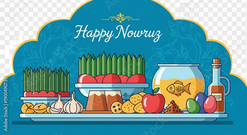 Traditional nowruz celebration table setting with food and drinks