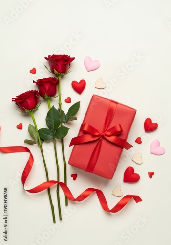 Valentine’s Day still life photography, red roses, gift box with ribbon, heart decorations on pastel background, soft shadow, studio lighting, modern aesthetic, realistic photo