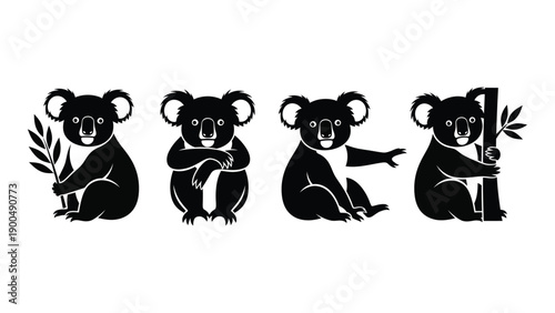 Four koalas in different poses with a leaf, showcasing their natural behavior and expressions. Vector