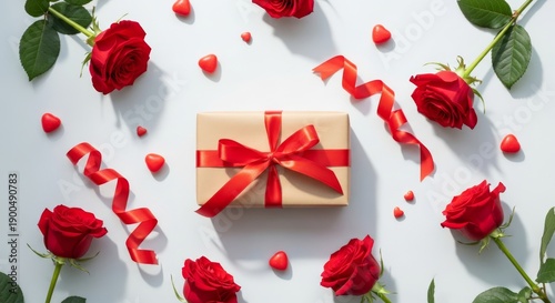Valentine’s Day still life photography, red roses, gift box with ribbon, heart decorations on pastel background, soft shadow, studio lighting, modern aesthetic, realistic photo, stock image, no brand,