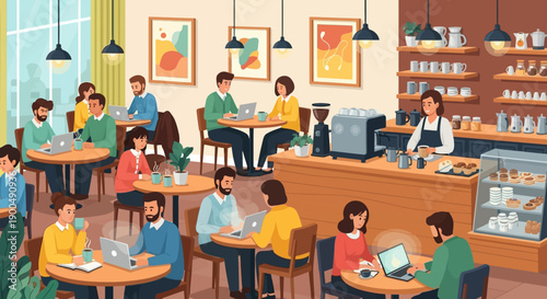 Diverse group of people working and socializing in a modern, brightly lit coffee shop interior with baristas serving drinks