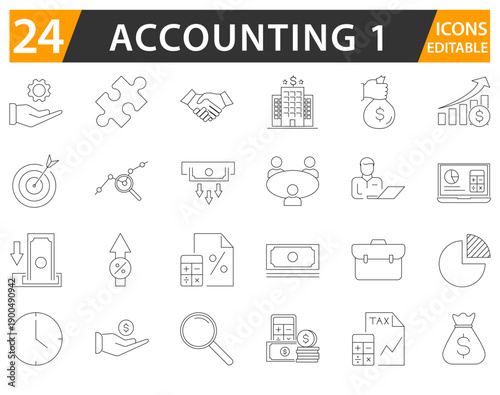 Accounting line icon set with editable strokes.