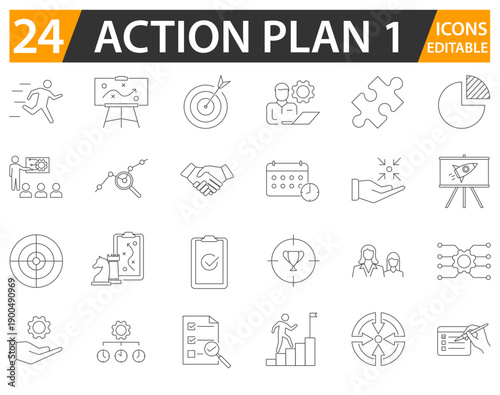 Action Plan line icon set with editable strokes.