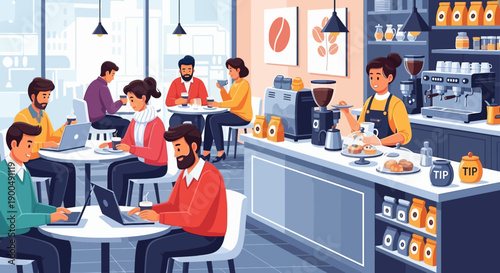 Vibrant modern coffee shop interior with diverse people engaged in remote work, casual meetings, and social interactions, enjoying coffee and pastries in a productive and cozy atmosphere