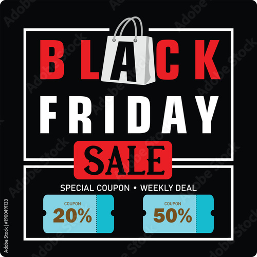 Creative Black Friday banner featuring voucher coupons and promotional discount offers. Ideal for ecommerce marketing, retail campaigns, and seasonal shopping promotions.