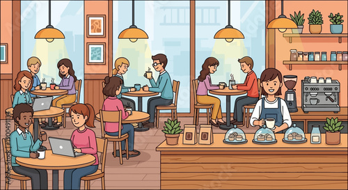 Lively coffee shop illustration with diverse people enjoying drinks, working on laptops, and socializing in a modern urban cafe setting