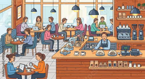 A lively illustration of a bustling coffee shop with people enjoying drinks and socializing indoors