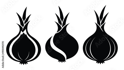 Three stylized black and white onions with detailed tops and leaves Vector