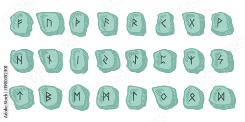 Set of hand drawn viking runes Rune stones with ancient norse alphabet characters engraved on them Scandinavian futhark germanic celtic Single element for design, print, web, decor