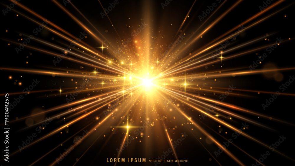 Obraz premium Golden light beam background. Abstract gold starburst vector with lens flare, glitter particles, and bright rays