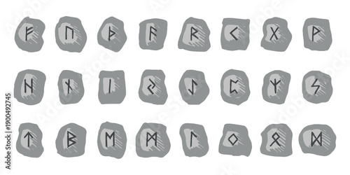 Set of hand drawn viking runes Rune stones with ancient norse alphabet characters engraved on them Scandinavian futhark germanic celtic Single element for design, print, web, decor