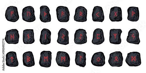 Set of hand drawn viking runes Rune stones with ancient norse alphabet characters engraved on them Scandinavian futhark germanic celtic Single element for design, print, web, decor