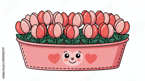 Cute Valentine Flower Dish in Pink Bucket - Sweet Floral Illustration