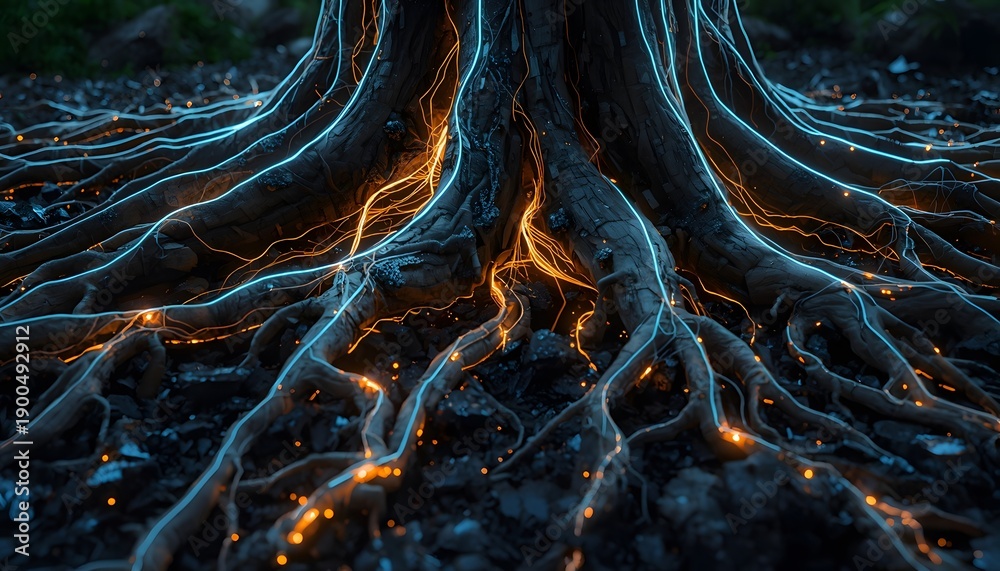 Obraz premium Hyper-detailed underground view of majestic tree roots entwined with glowing blue and gold fiber-optic cables