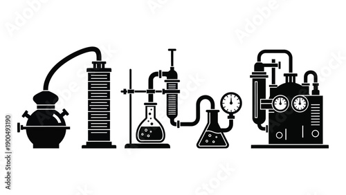 Illustration of various laboratory equipment and apparatus used in scientific experiments. Vector