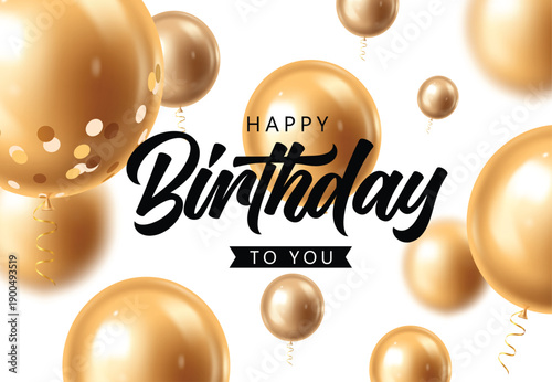 Elegant Happy Birthday Greeting with 3D Glossy Gold Balloons and Stylish Black Script Typography