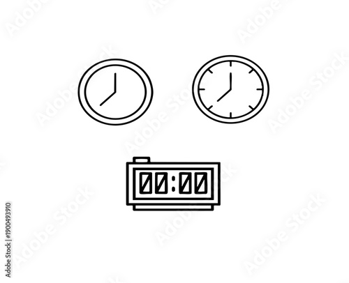 Clock line art icons set with analog watch face and digital alarm clock timer outlines in black and white