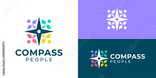 Creative simple compass people logo template. Abstract compass with people human person family leadership teamwork logo design vector illustration.