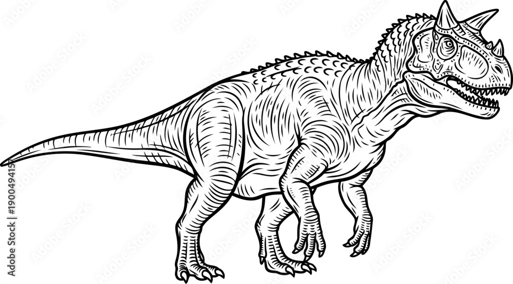 Fototapeta premium Carnotaurus horned dinosaur line art illustration