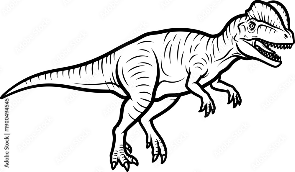 Fototapeta premium Double crested dilophosaurus walking pose line art drawing