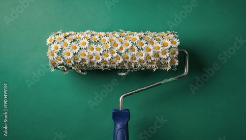 Creative concept of paint roller with fresh natural flower on green background. whimsical art idea for spring home improvement
