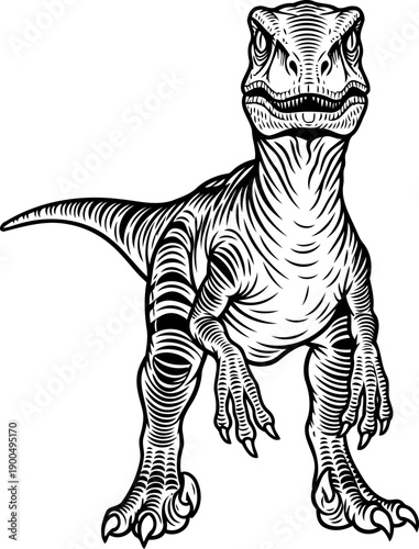 Intimidating velociraptor predator front view woodcut style artwork