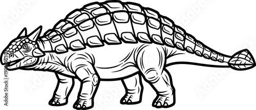 Low profile ankylosaurus armored dinosaur walking in simple line art style