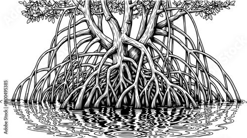 Mangrove tree with complex root system above water line art illustration