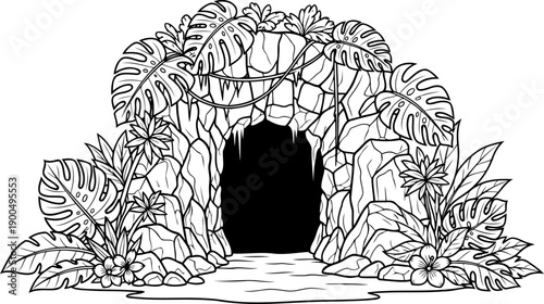 Mysterious jungle cave entrance surrounded by tropical plants and monstera leaves