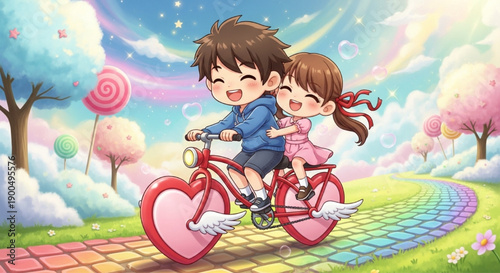 Chibi Couple Riding Heart Bicycle In Sky