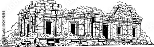 Overgrown ancient stone temple ruins jungle archeology drawing
