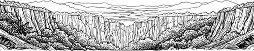 Panoramic prehistoric canyon landscape with cliffs and vegetation sketch