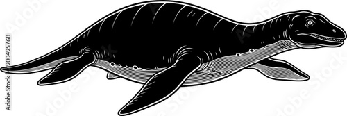 Plesiosaur marine reptile silhouette swimming in ocean