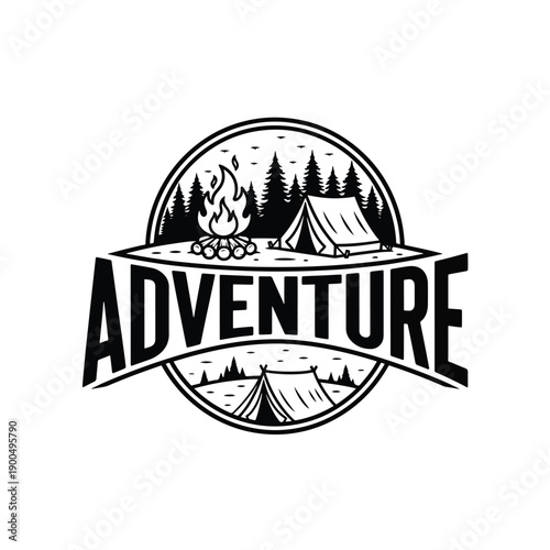 Outdoor Adventure Camping Emblem Illustration with Forest, Tents, and Campfire