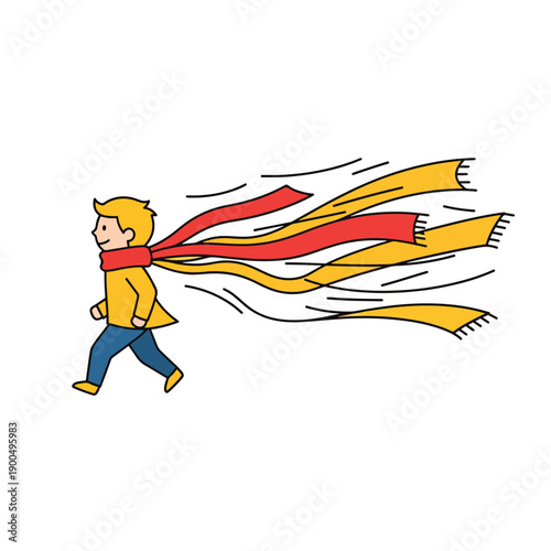 Dynamic illustration of an individual walking swiftly with a long flowing scarf in the wind